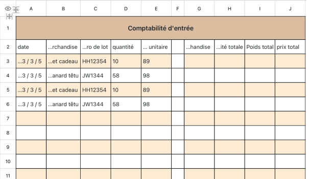 Formulaire de comptabilité entrante